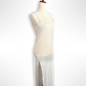 Dippin' Daisy Swimwear Sheer White Maxi  Beach Coverup Slip, M, Flower Applique